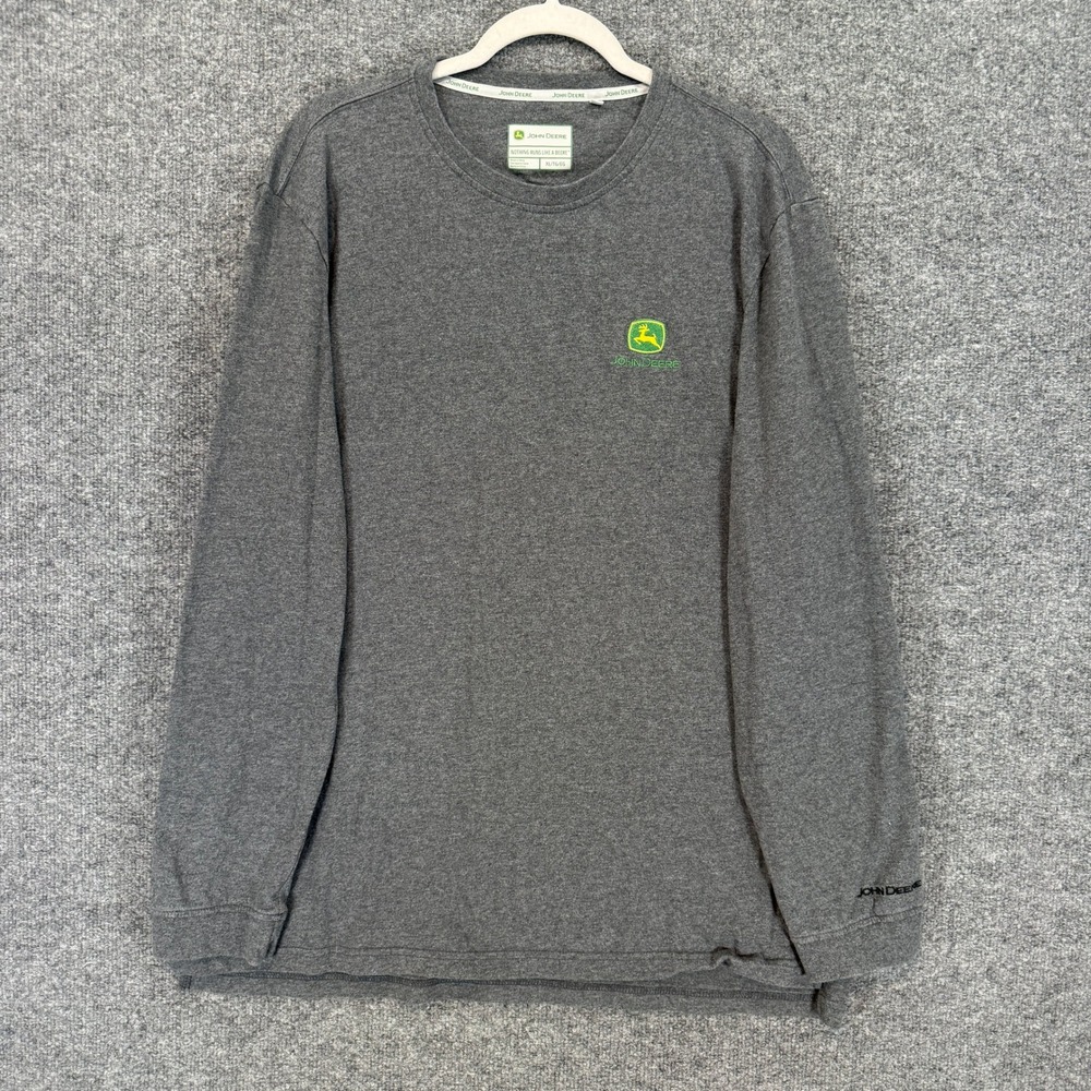 John Deere Tshirt Mens XL Gray Long Sleeve Embroidered Logo Workwear Crew Neck